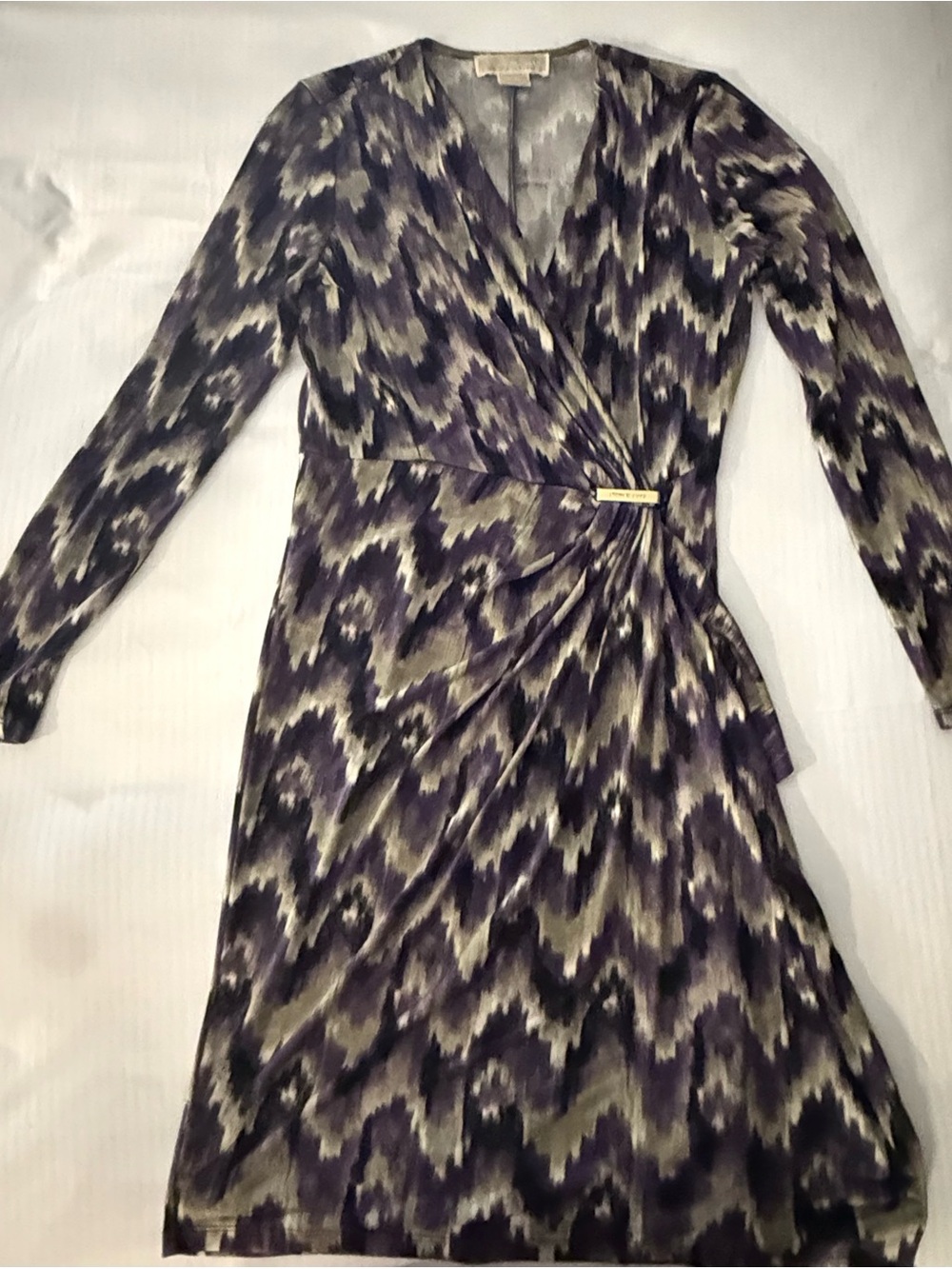 MICHAEL Michael Kors Long-Sleeve Faux-Wrap Dress in Purple and Olive Ikat